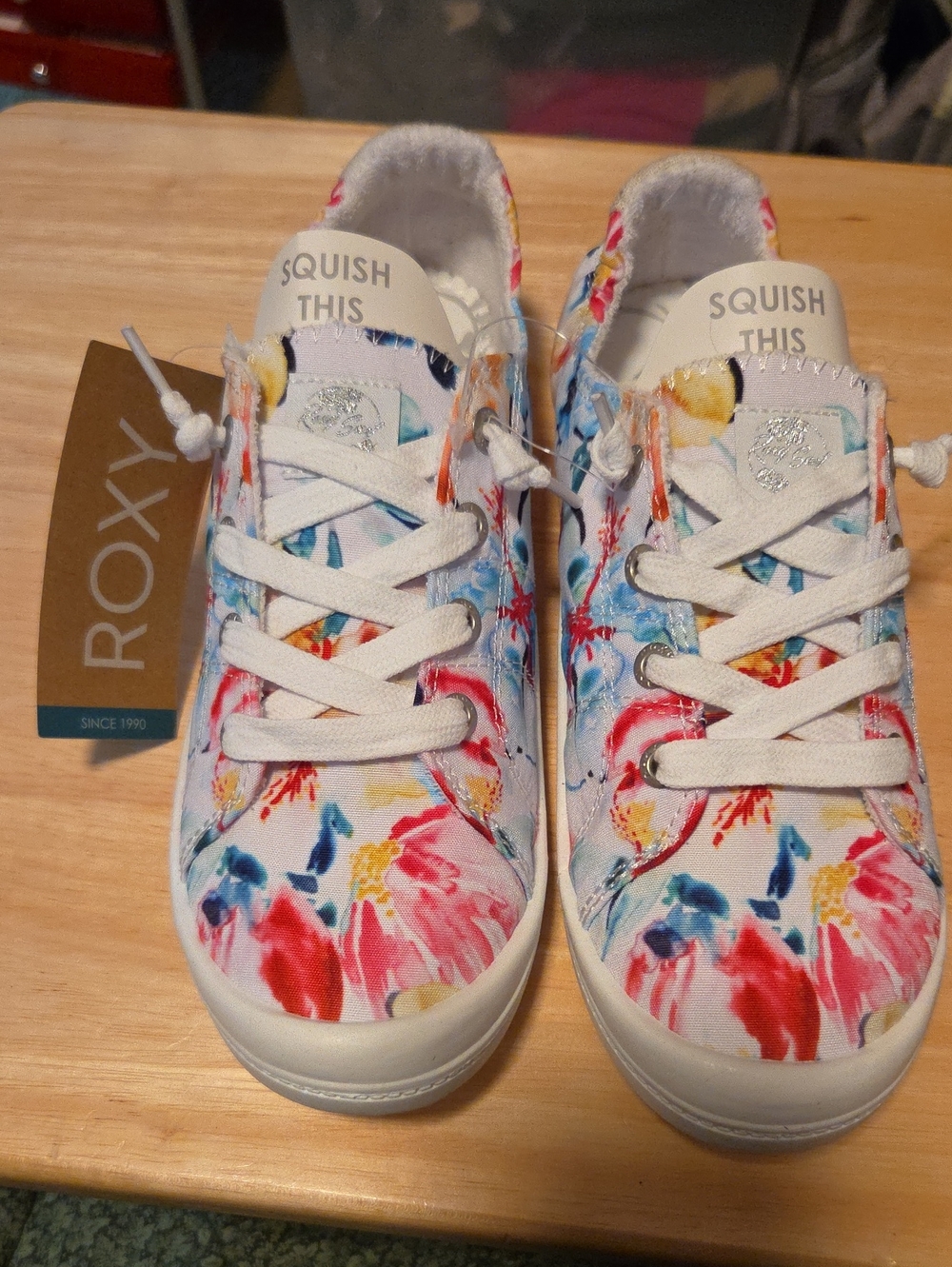 Roxy White Canvas Floral Sneakers with Pink & Blue Accents